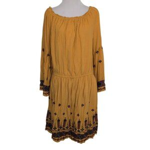 Earthbound Trading Co Aztec Embroidered Dress Womens Size XL Mustard Yellow Boho